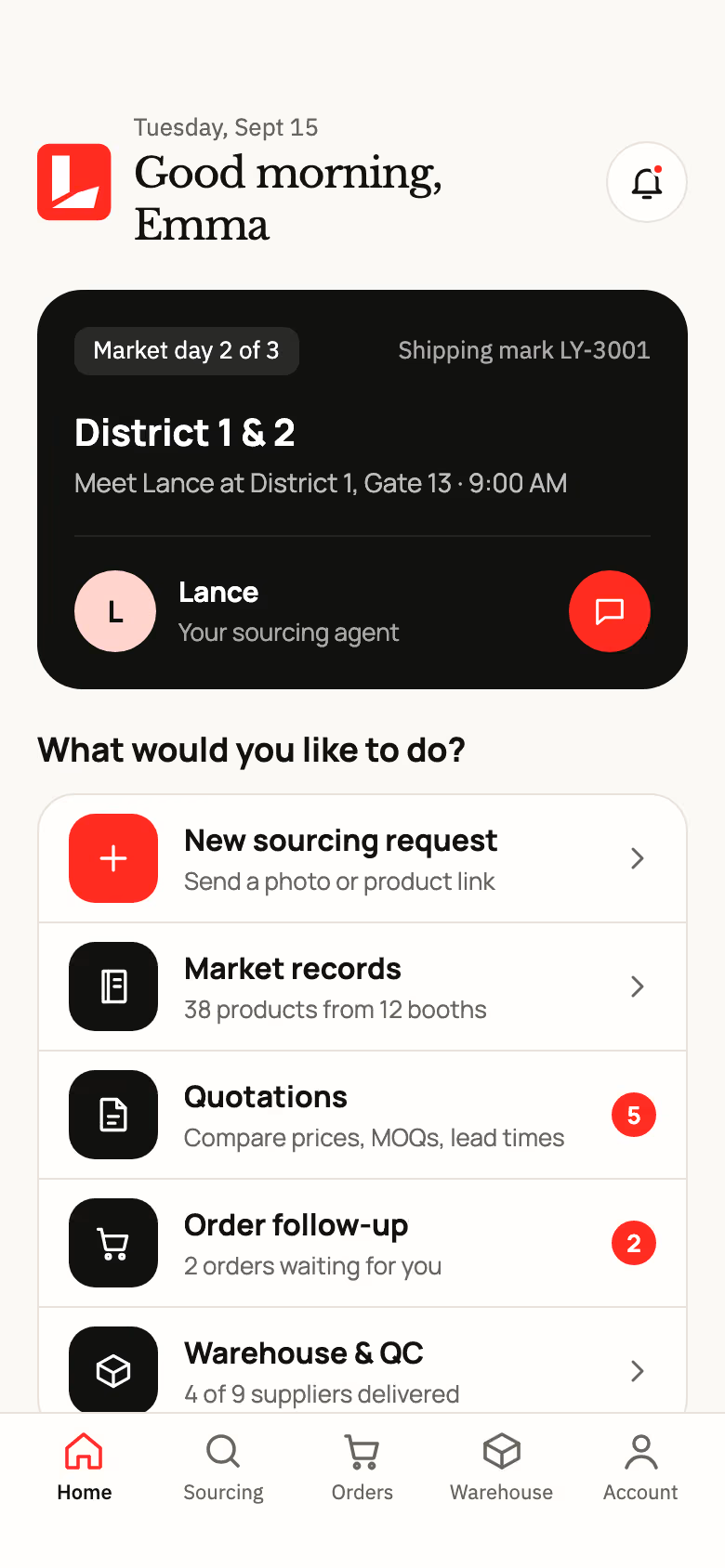 Lance iOS app home screen